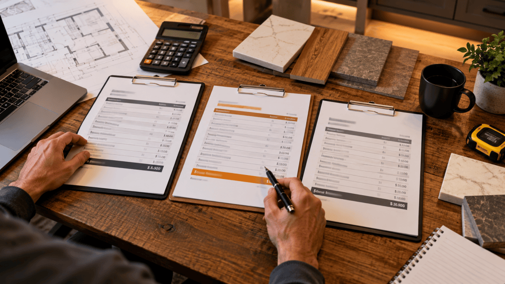 Homeowner comparing multiple contractor quotes for a remodeling project