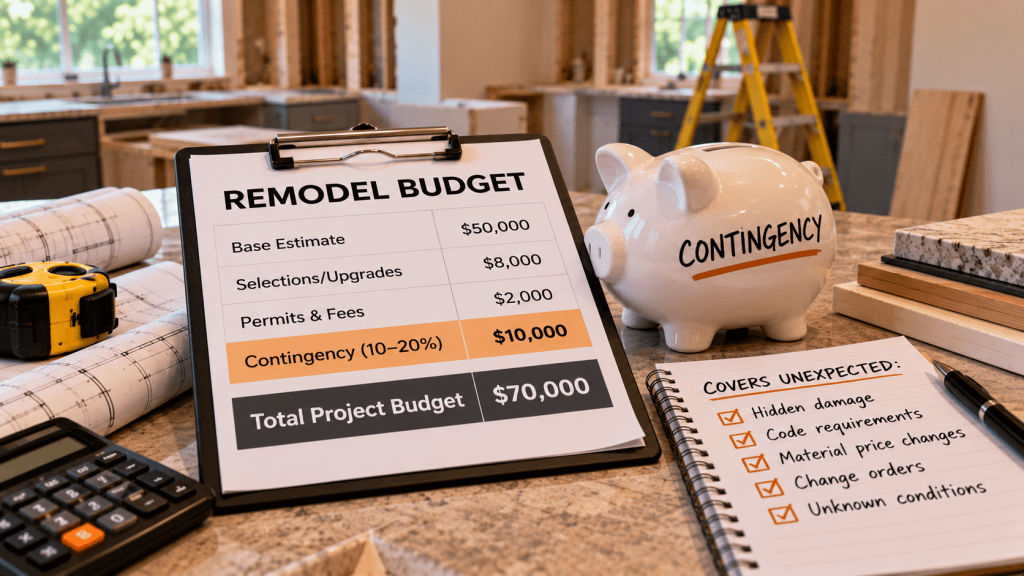 Remodeling budget showing a contingency fund for unexpected project costs