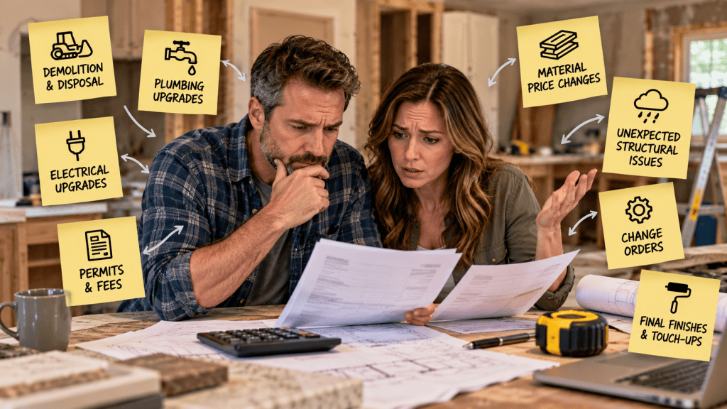 Homeowners reviewing commonly overlooked costs during a home remodeling project