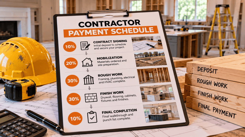 Contractor payment schedule showing remodeling progress payments tied to project milestones