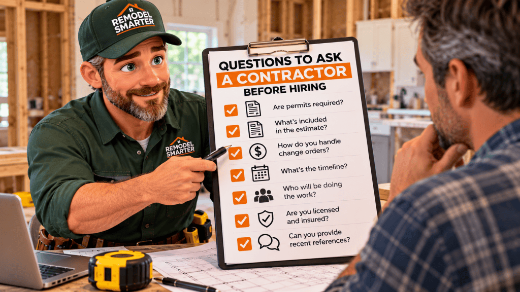 Homeowner discussing important questions with a remodeling contractor before hiring