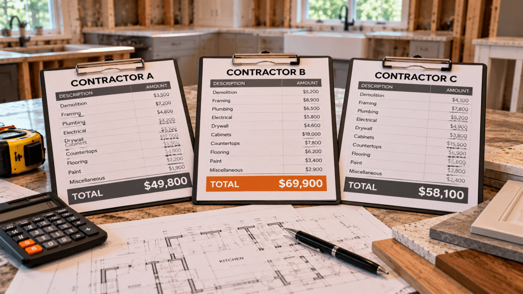 Three contractor quotes showing different prices for the same home remodeling project