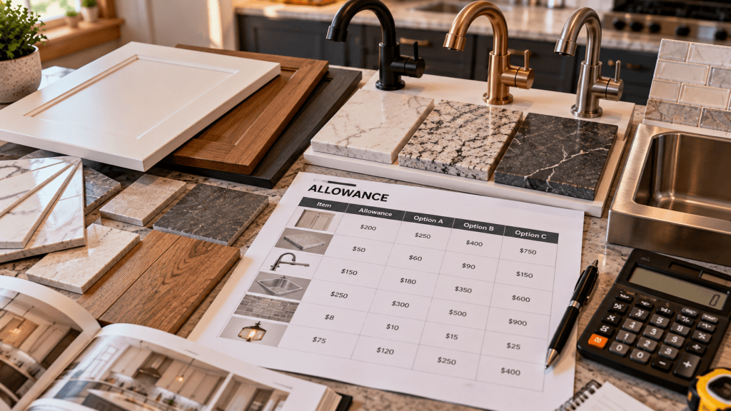 Remodeling material selections compared against allowances in a contractor estimate