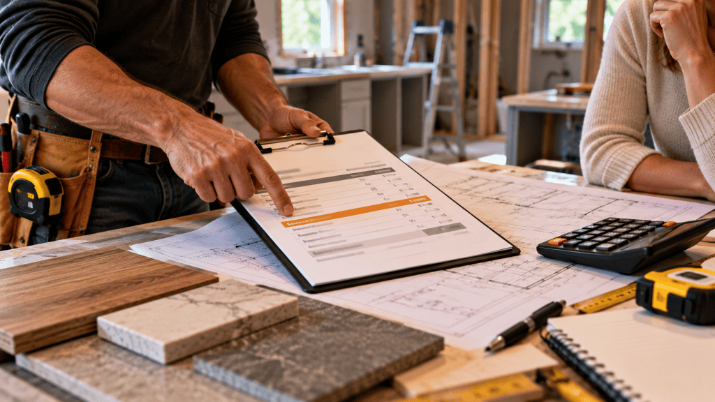 Contractor reviewing a remodeling change order with a homeowner