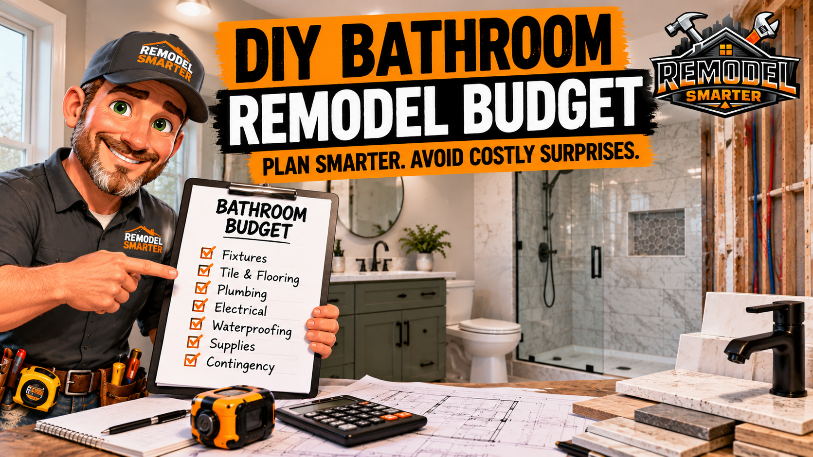 DIY bathroom remodel budget planning with Remodel Smarter builder mascot, bathroom renovation checklist, calculator, blueprints, and ti.le samples