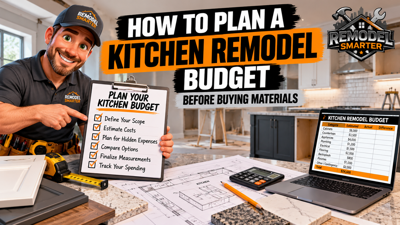 Kitchen remodel budget planning with Remodel Smarter builder mascot, renovation checklist, cost calculator, kitchen blueprints, and material samples.